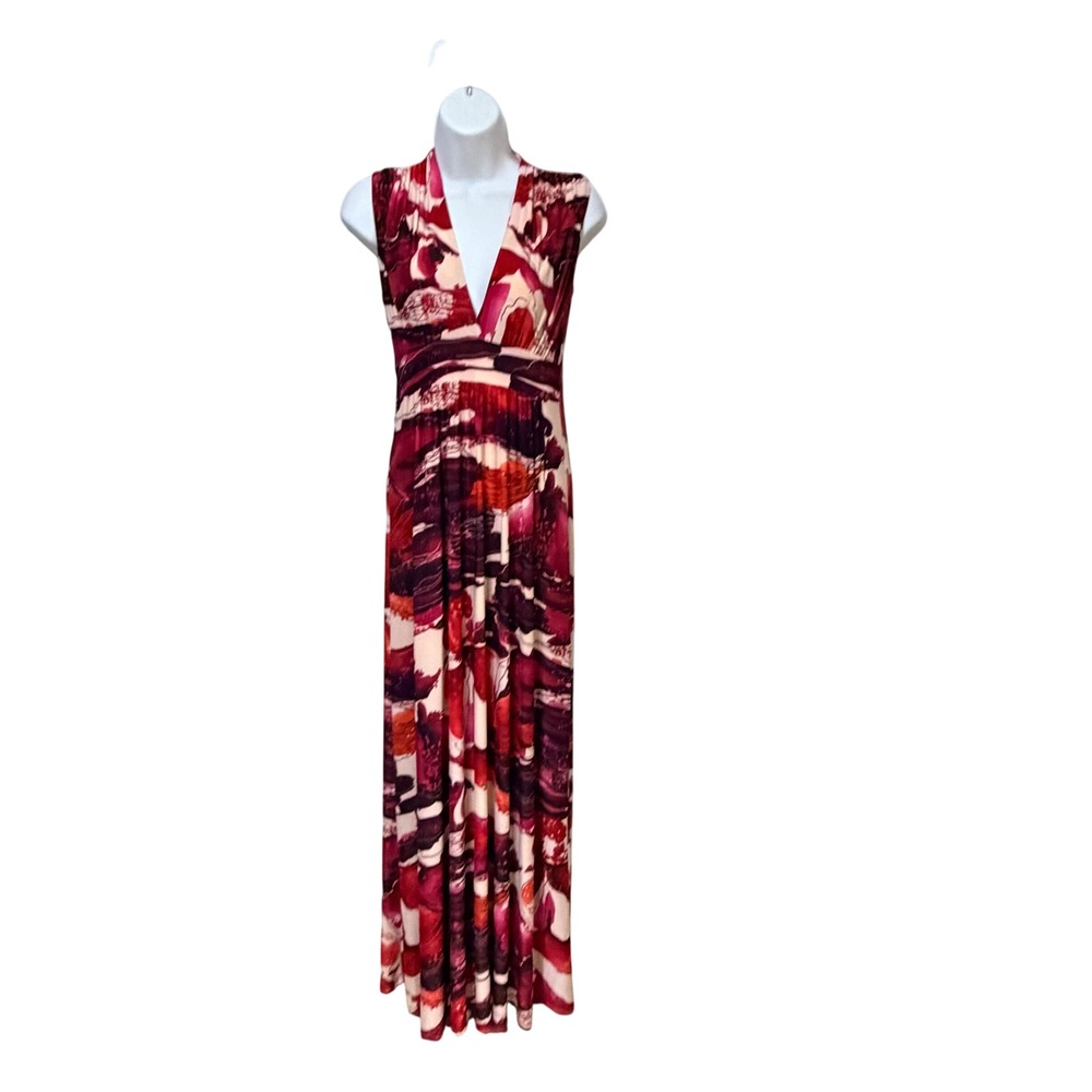 Veronica M Jenny Abstract V-Neck Shirred Shoulder Maxi Dress Pink Orange S NEW